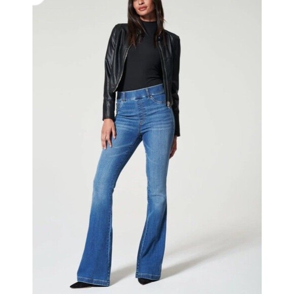 SPANX VINTAGE INDIGO FLARE Wide Leg Blue Denim pull-on Jeans Stretch Size L - Picture 2 of 9